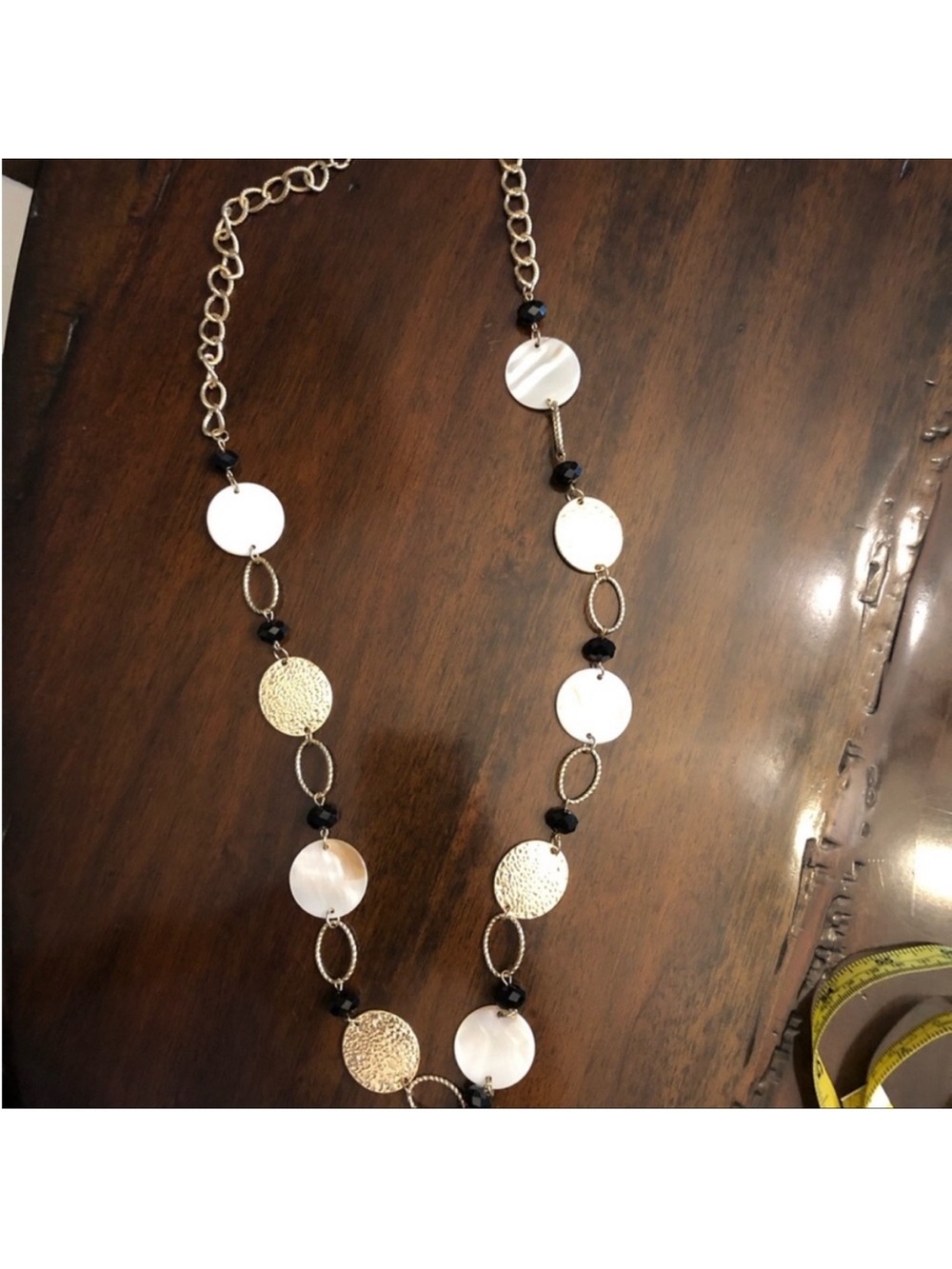 Chico’s Gold and White Disc Chain Necklace with Black Bead Accents